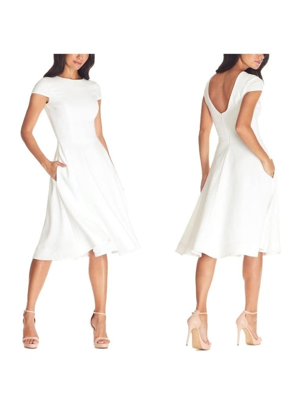Dress the Population Livia Fit & Flare Crepe Midi High Neck Cap Sleeve Dress